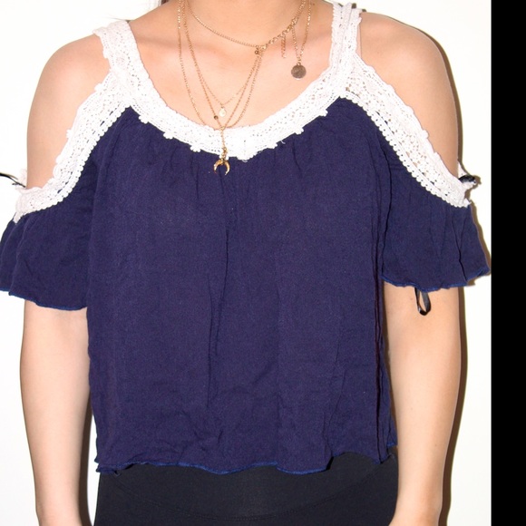 Papaya Tops - off the shoulder navy and white top